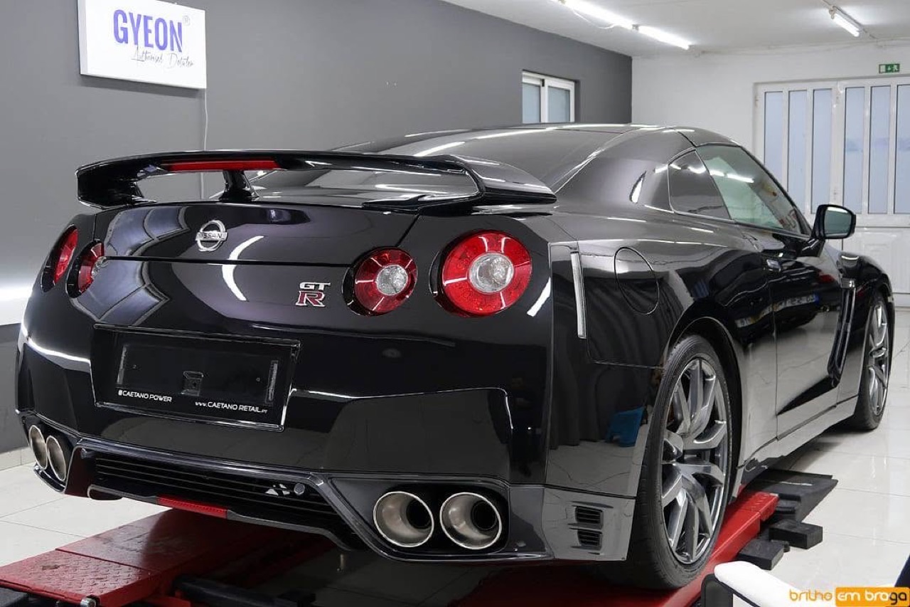 Black Nissan GT-R R35, rear, after ceramic protection in our studio.